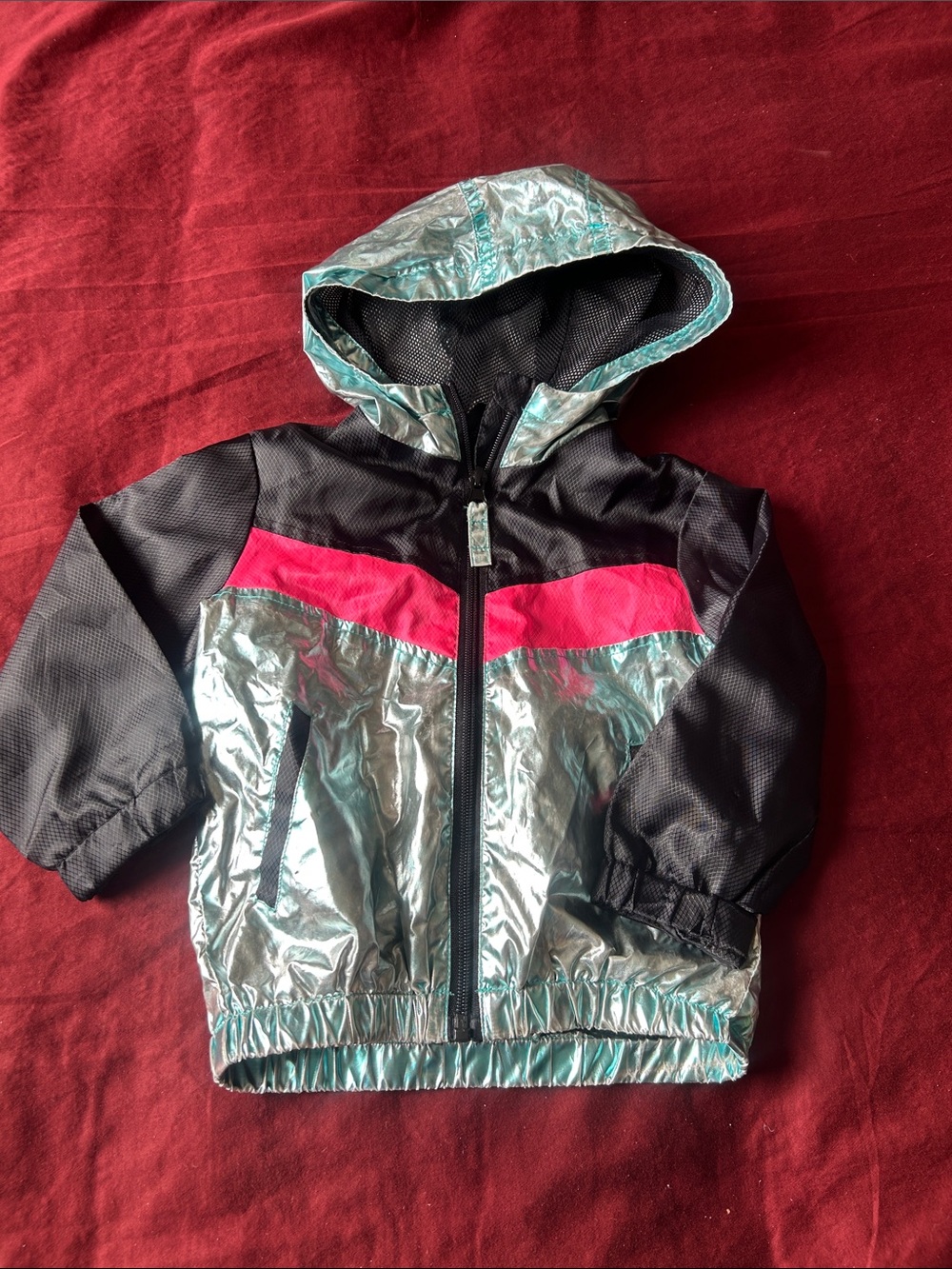 Limited Too Metallic Silver, Black & Hot Pink Hooded Rain Jacket/fall jacket